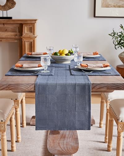 ZeeMart Linen Checked Farmhouse Table Runner, 13x36 Inches Blue - Image 2