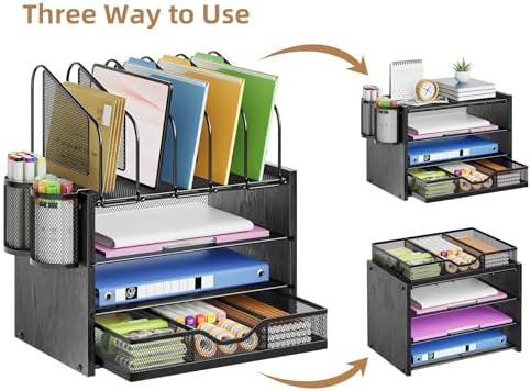 Marbrasse Desk Organizer with Drawer, 4-Tier Wooden File Organizer with 5 Vertical File Holders and 2 Pen Holders, Desk Organizers and Accessories for Home Office - Black - Image 4