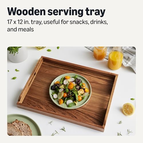Amazon Basics Wooden Serving Tray, 17" x 12" Acacia Wood Decorative Tray Platter With Built-in Handles for Breakfast in Bed, Food & Drinks, Entertaining, Coffee Table & Ottoman - Image 2