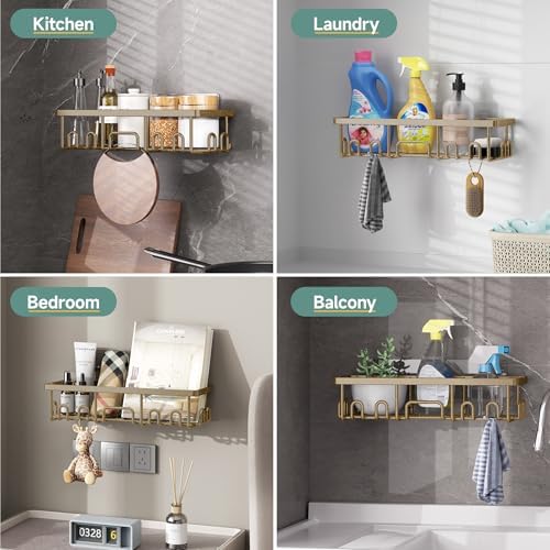 Veken Shower Caddy 6-Pack, No Drilling & Rustproof, Waterproof Adhesive Shelves Rack with Soap Holder, Large Capacity Bathroom Organizers and Storage, Wall-Mounted Kitchen & Home Decor, Matte Gold - Image 7