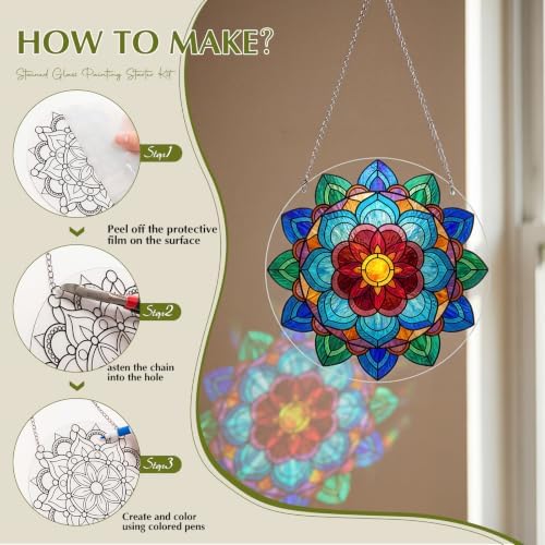Humyoun 36 Pcs Suncatchers Crafts Kit DIY Paint Art Stained Glass Painting Craft Kits 24 Markers and 12 Suncatchers for Adults Home Decor Creative Projects (Mandala) - Image 4