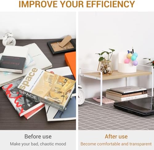 YGYQZ Desk Shelf Organizer for Top of Desk, 1-Tier Desktop Bookshelf, White & Wood - Image 6