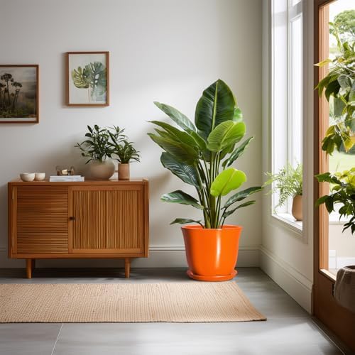 10 Inch Plant Pot - Ceramic Pots for Plants with Drainage Hole and Saucer, Round Planters for Indoor Outdoor Plants, Modern Decorative Planters, Room Home Decor, Gardening Gifts, Orange - Image 3