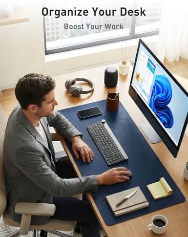 Aothia Faux Leather Desk Mat - Non-Slip PU Leather Desk Blotter, Waterproof Writing Surface, Large Desk Pad for Office & Home (Dark Blue, 55" x 17") - Image 3