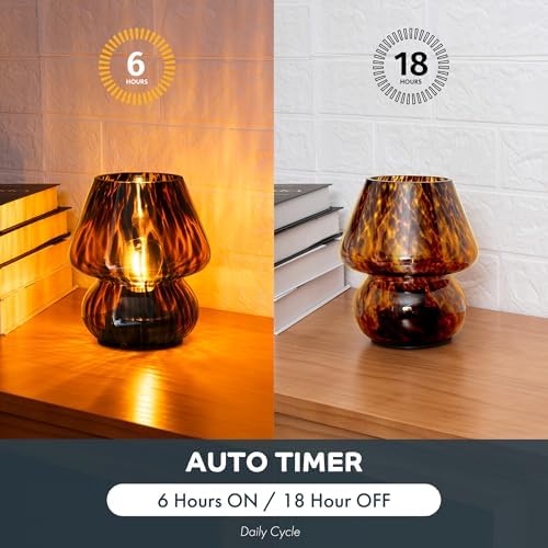 ULAROOM Battery Operated Mushroom Lamp - Vintage Small Table Lamp with Timer, Cordless Bedside Nightstand Lamp, Glass Battery Powered Lamp for Bedroom Kitchen Living Room Shelf Decor Aesthetic Amber - Image 4