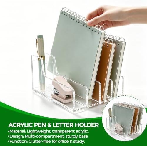 Acrylic Mail Organizer for Desk, 5 Compartments Letter Sorter with Pen Holder, Clear Desktop File Folder & Notebook Holder, Cute Office Supplies Organizer for Home Office School - Image 3