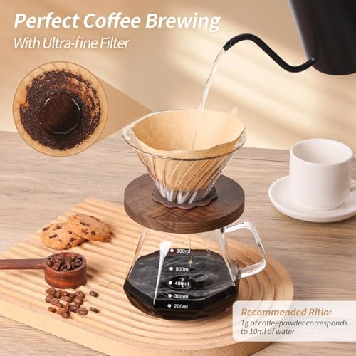 Pour Over Coffee Maker 20 OZ, 6 Cup Borosilicate Glass Drip Coffee Maker with 40 pcs V60 Paper Filter and Walnut Grip for Home Café 600 ML - Image 4