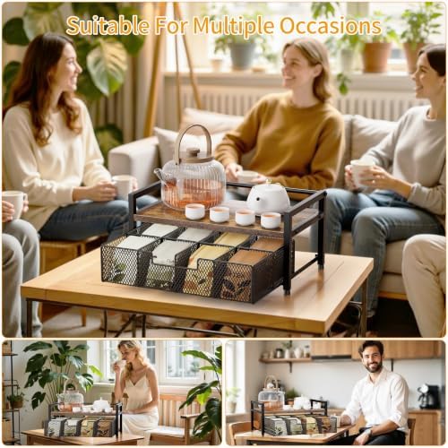 Tea Bag Organizer, Tea Bag Holder with Drawer, Wood and Metal Tea Organizers and Storage Chest for Countertop Kitchen, Office, Rustic Brown - Image 5