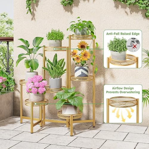 Plant Stand Indoor, 7 Tier Large Plant Stand with 7.9-Inch Wide Drainage Tray, Tiered Corner Flower Display Holder Shelf, Folding Tall Rack for Patio Balcony Porch - GoldFlower - Image 4