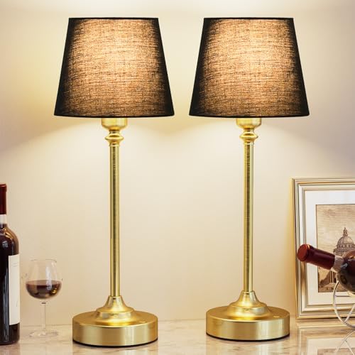 Kakanuo Cordless Table Lamps Rechargeable Set - 2 Pack Brass 4000mAH Battery Operated Lamps for Decor, 3000K Stepless Dimming Touch Wireless Lamp for Bedroom, Dining Table, Living Room, Black Shade by KakanuoLightings