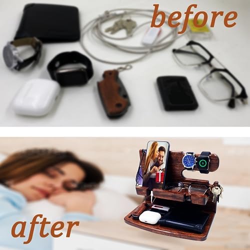 VEIYAILU Gifts for Men Women Dad Husband Son Boyfriend Him Desk or Nightstand Organizer Birthday Gifts Wood Phone Docking Station Anniversary Idea from Wife - Key Holder, Watch (Dark Brown) - Image 6