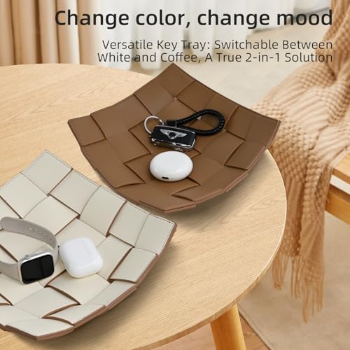 Valet Tray PU Leather Key Bowl for Men Women Entryway Table Nightstand Catchall EDC Dump Tray for Wallet, Keys, Jewelry Men's Gift - Coffee & White, 9.8" L x 9.8" W x 2" H - Image 2