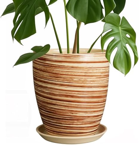 8 Inch Plant Pot, Ceramic Planter with Drainage Hole and Saucer Large Flower Pot for Home Patio Garden Office, Yellow by EPFamily