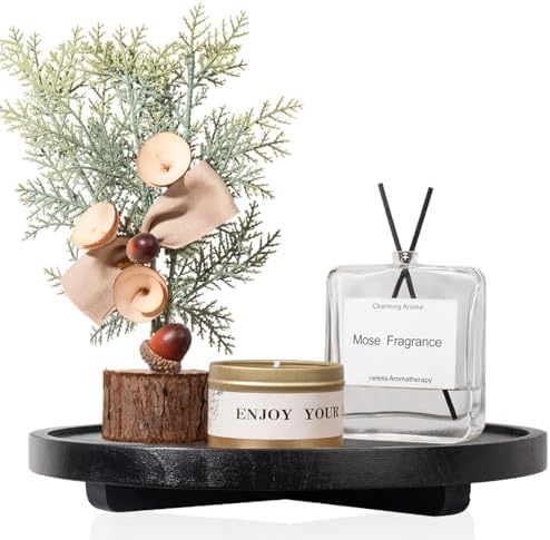 Round Decorative Tray Wood Bathroom Counter Organizer Farmhouse Kitchen Decor Wooden Riser for Soap Dish, Perfume, Candle, Sponge, 11" - Black by zoocatia