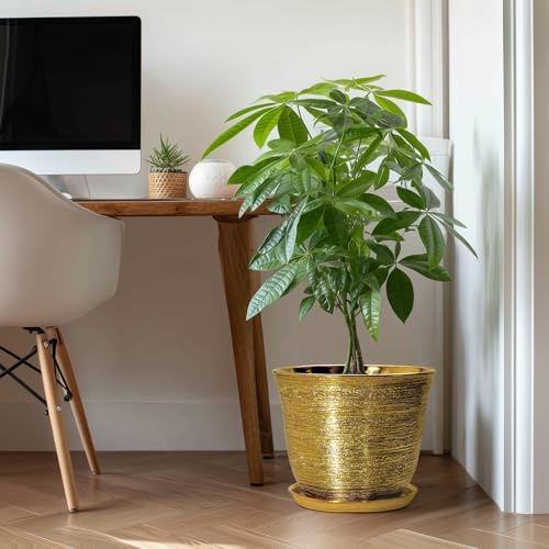 Ceramic Pots for Plants - 12 Inch Planter for Indoor Outdoor, Round Plant Pot with Drainage Hole and Saucer, Decorative Large Planter, Modern Flower Pots, House Decor, Garden Gifts, Gold - Image 3