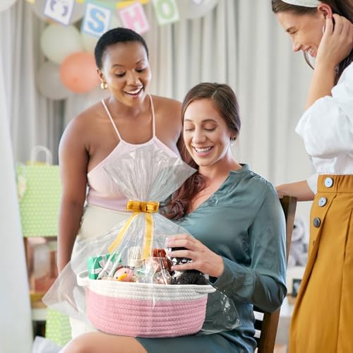 2 Pack Small Woven Basket with Gift Bags and Ribbons, Empty Decorative Gift Chest Box, Cute Baby Gift Basket for Nursery, Cotton Rope Room Shelf Storage Basket with Handles, All 12"x 8"x 5", Pink - Image 3