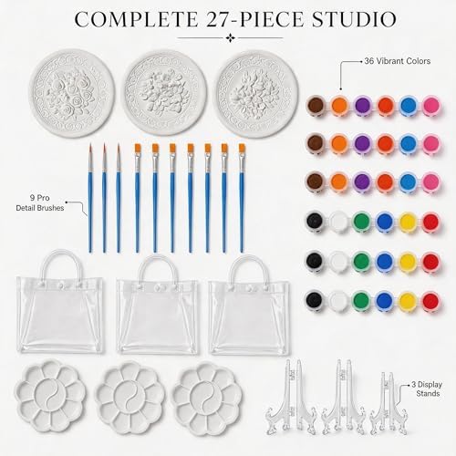 HuiBeans 3 Pcs DIY Floral Plaster Plate Painting Kit for Adults - 3D Flower Relief Plaques with 3 Display Stands, 6 Paint Strips, 9 Brushes, 3 Palettes & 3 Gift Bags - Ceramic-Like Home Decor - Image 3