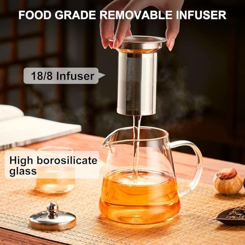 PARACITY Glass Teapot Stovetop 44 OZ, Borosilicate Clear Tea Kettle with Removable 18/8 Stainless Steel Infuser, Teapot Blooming and Loose Leaf Tea Maker Tea Brewer for Camping, Travel (1300ml) - Image 5