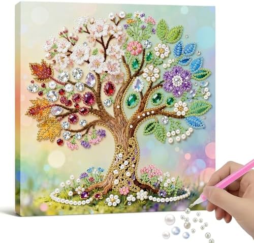 Xylzzuit Pearl Painting Kit with Frame All Inclusive 9.84x9.84IN DIY Gemstone Diamond Art Craft Supplies for Adults Beginners Craft Lovers Living Room Wall Desktop Decor Gift (Tree of Life) by Xylzzuit