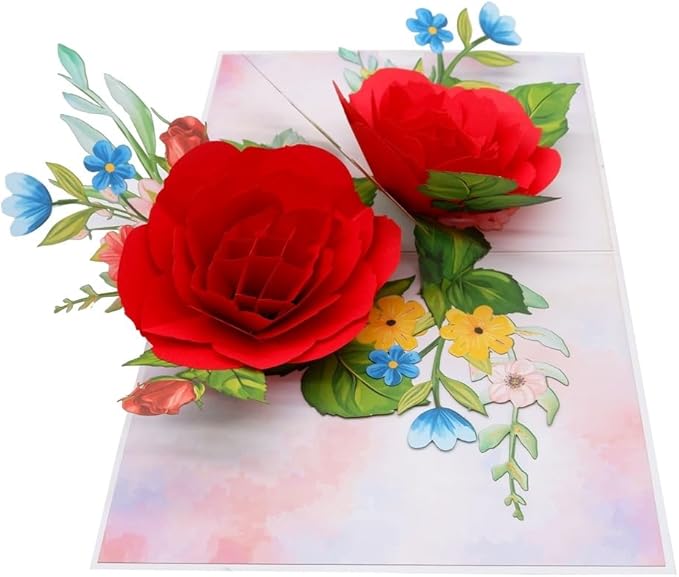 3D Pop Up Greeting Card – Elegant Red Rose Bouquet with Colorful Flowers – Romantic Card for Birthday, Anniversary, Valentine’s Day & Special Occasions, F58