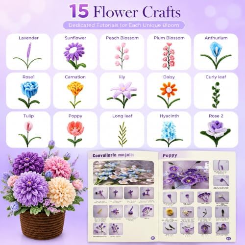 COSILY Pipe Cleaners Flower Kit with Photo Frame, 1000 Pcs 14-Color Chenille Stems Craft Set with Guide Book, DIY Arts and Crafts Bouquet Supplies, Handmade Birthday Gift for Girls Kids Adults - Image 5