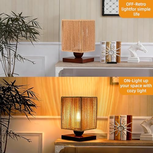 Handmade Small Rattan Lamp for Bedroom,Boho LED Desk Lamp for Living Room,Woven Bedside Night Light Lamp for Nightstands,Farmhouse Wicker Bamboo Table Lamp for Room Office Decor(LED Bulb Included) - Image 3