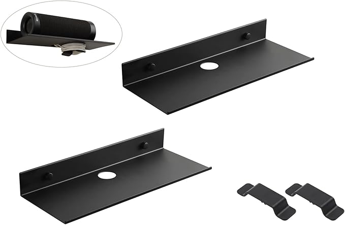 Z metnal Metal Floating Shelves with Cable Clip, Shelves for Bluetooth Speaker Router Cameras, Wall Mounted, Display Shelf, Matt Black, Aluminum, 12 inch, 2 Pack