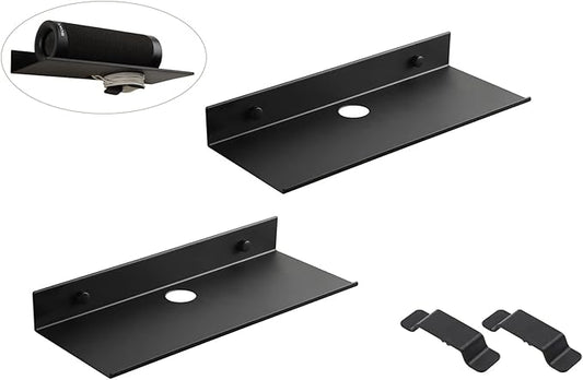 Z metnal Metal Floating Shelves with Cable Clip, Shelves for Bluetooth Speaker Router Cameras, Wall Mounted, Display Shelf, Matt Black, Aluminum, 12 inch, 2 Pack