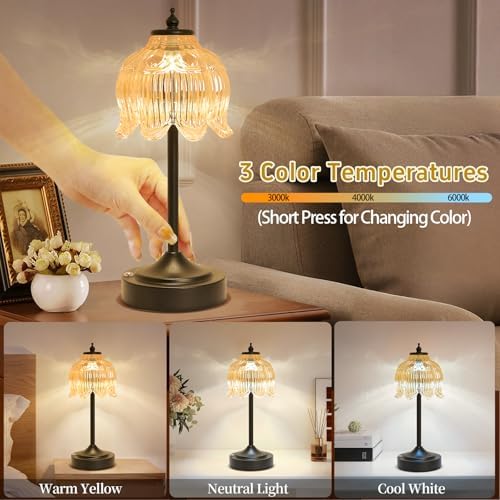 Cordless Table Lamp, Rechargeable Amber Glass Lotus Flower Lamp - Image 3