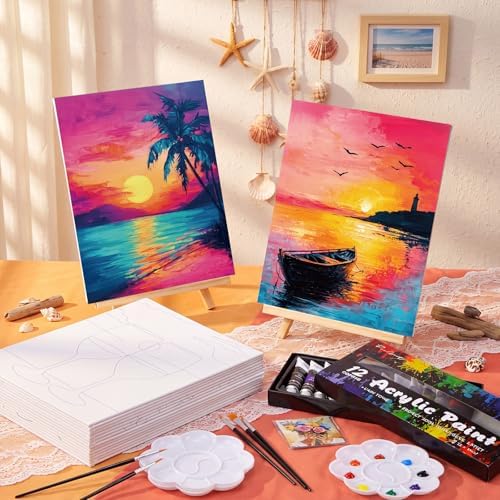 Cholemy 99 Pcs 16 Set Sip and Paint Kit for Adults 8"x 10" Pre Drawn Canvas Painting with Wooden Easel Pre Printed Canvas Painting Favor for DIY Birthday Gifts Adult's Date Party(Vivid Sunset) - Image 2