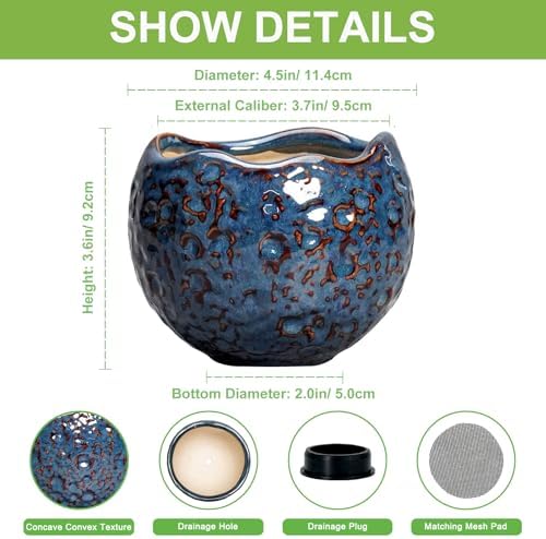 Ceramic Pots for Plants - 4 Inch Plant Pots for Indoor Outdoor, Small Planter with Drainage Hole, Unique Flower Pot, Decorative Modern Round Planter, Office Decor, Home Gifts, Retro Blue - Image 2