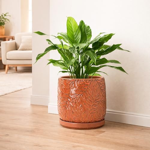 D'vine Dev Embossed Leaves Ceramic Planter, 8 in, Pumpkin, 27-A-Q-J - Image 2