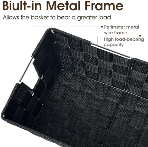 Black Storage Baskets for Shelves, Woven Shelf Baskets for Organizing, Small Strap Organizer Basket for Bathroom Storage, Set of 4 - Image 3