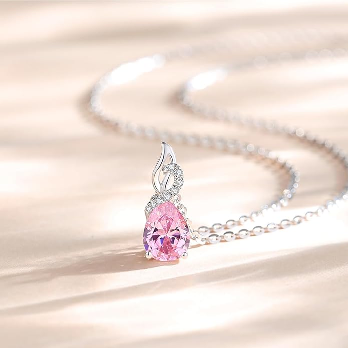 FANCIME 14K Solid White Gold Teardrop Pendant with Diamond Birthstone Necklace