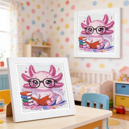 GHHKUD Cute Axolotl Diamond Art Painting Kits for Adults with Frame, Diamond Art Salamander Crafts for Ages 4-6-8-12, Easy to DIY Gem Painting Gifts Home Wall Decor 15x15cm - Image 4