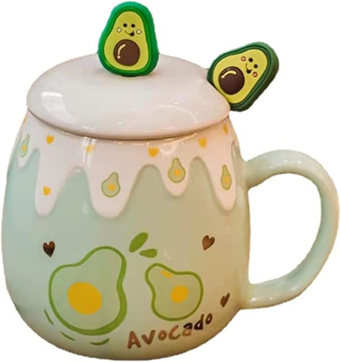 Coffee Mug Cups Ceramic Tea Cup Fruits Avocado Shaped Handmade Pottery Cute Mugs With Lid Spoon Handle Office Home Hot Ice Chocolate Milk Mugs Gifts Microwave Dishwasher Safe Travel Mugs (Green)