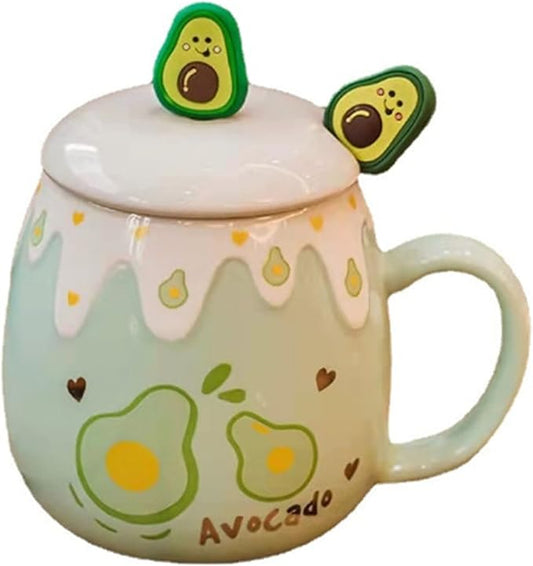 Coffee Mug Cups Ceramic Tea Cup Fruits Avocado Shaped Handmade Pottery Cute Mugs With Lid Spoon Handle Office Home Hot Ice Chocolate Milk Mugs Gifts Microwave Dishwasher Safe Travel Mugs (Green)