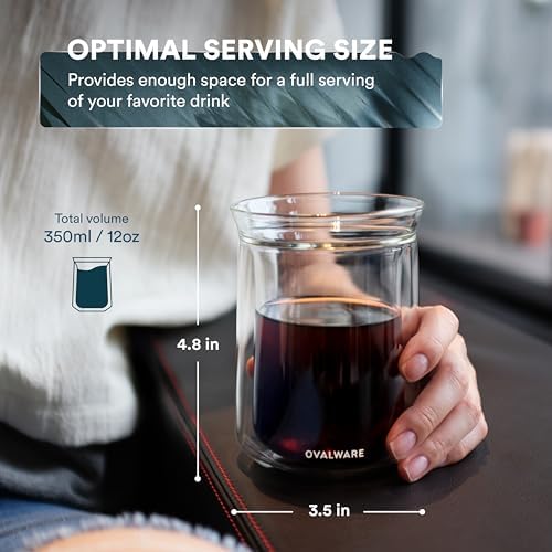 ovalware Double Wall Single Lip Insulated Glass Cup, Set of 4 (12oz / 350ml) - Borosilicate Glass For Coffee, Tea, Whiskey, Cocktails & All Beverages - Minimalistic & Durable Double-Wall Drinking Mug - Image 2