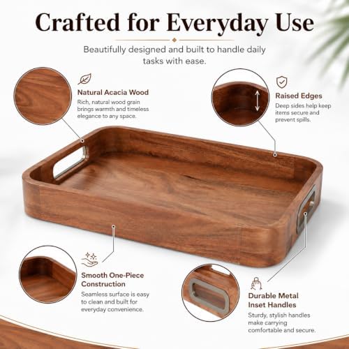 Acacia Wood Serving Tray with Handles, 12x18 Inch, Natural Grain - Image 6