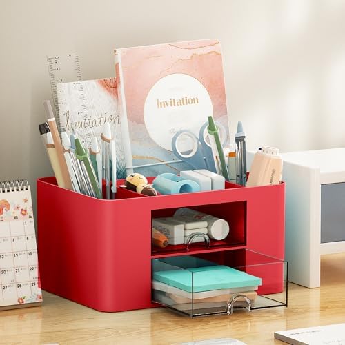 Marbrasse Pen Organizer with 2 Drawer, Multi-Functional Pencil Holder for Desk, Desk Organizers and Accessories with 5 Compartments + Drawer for Office Art Supplies (Red) - Image 3