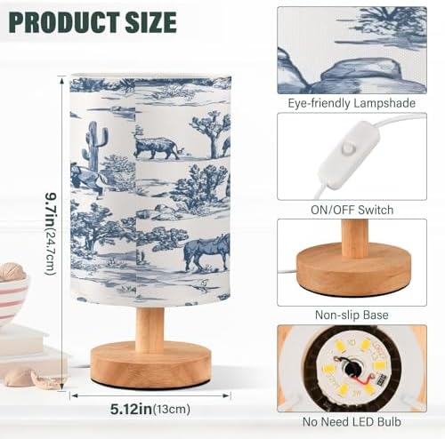 ALAZA Bedside Table Lamp Western Cowboy Equestrian Horse Blue Lamp for Girls Boys Bedroom with USB Port LED Kids Nightstand Lamp Wood Base Desk Living Room Decor - Image 3
