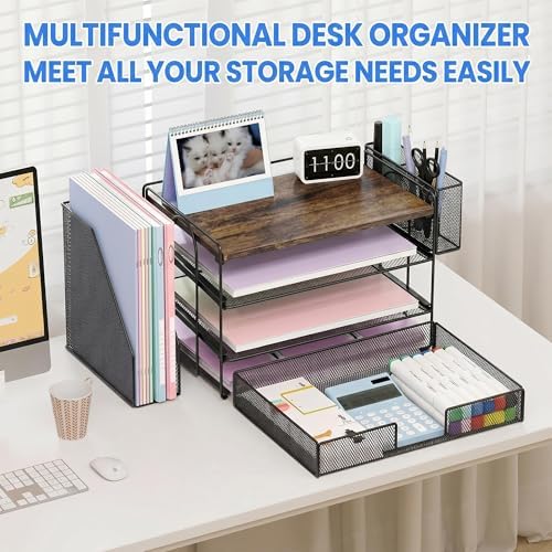 OPNICE Desk Organizers and Accessories, 4-Tier Desktop File Organizer with Drawer and Pen Holders, Office Desk Accessories Workspace Organizers for Office Supplies (Brown) - Image 3