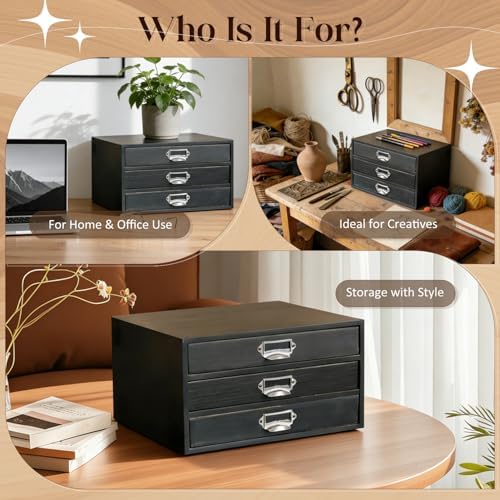 Stackable Modular Desktop Drawer Organizer, Solid Wood 3-Drawer Storage Unit with Label Pull Handles, Matte Black Japandi Style, Expandable by Adding More Units for Clutter-Free Spaces - Image 5