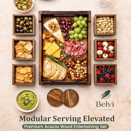 Belvi Modular Serving Tray & Coaster Set - Premium Acacia Wood | Snack Tray for Party Hosting - Trays for Serving Food, Charcuterie, Fruit Platter Tray for Parties, Appetizer & Dessert Trays - Image 2