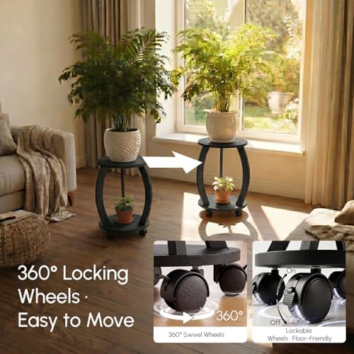 2 Pack 2 Tier Wooden Plant Stand Indoor with Wheels – Tall Plant Stand for 6-12 Inch Pots, Mid-Century Modern Rustic Plant Table Indoor, Pedestal Stand for Corner, Living Room, Balcony, Black - Image 5
