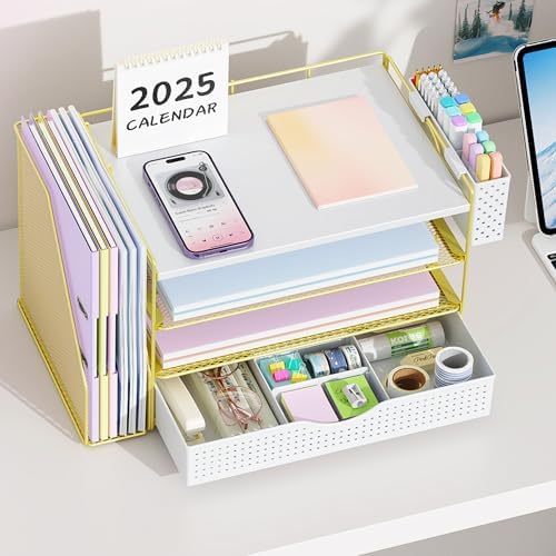 Wood Desk Organizers and Accessories with File Holder, 4-Tier Desk Accessories & Workspace Organizers with Drawer and Pen Holder, Desk Reference Organizer (Gold, 4T with Drawer) - Image 3