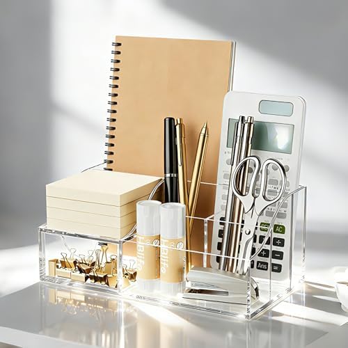 HBlife Acrylic Desk Organizer with Drawer, Pen & Pencil Holder, Multifunctional Desktop Caddy for Office Supply and Organization (Clear) - Image 5