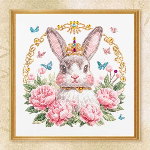 DIAMONDOUBLE Rabbit Diamond Painting Kit for Adults, 12x12 Special Shape & Partial Drill Diamond Art on Velvet Canvas, Cute Bunny Flower 3D Acrylic DIY Diamond Art Kit for Beginners, Home Wall Decor by Diamondouble