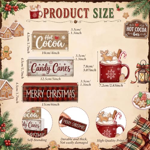 Moucuny 4 Pcs Christmas Table Decorations Wooden Hot Chocolate Cocoa Stacked Wooden Blocks Christmas Tiered Tray Decor with Cocoa Mug, Candy Canes Winter Centerpiece for Home Offiece Coffee Bar - Image 3