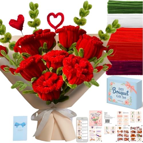 NREDXOON Pipe Cleaner Flower Kit 500pcs Chenille Stem Red Rose DIY Bouquet by NREDXOON